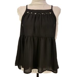 Lily Rose Black Peplum Tank Top Small Spaghetti Strap Cutout Chiffon Crisscross